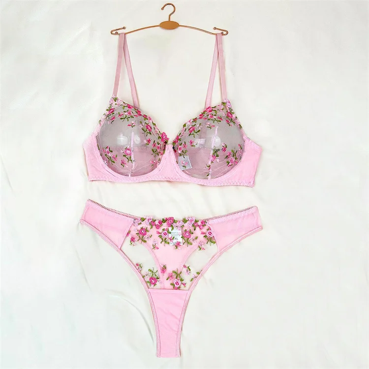 New Fat MM Sexy three-point backless Transparent Lace C Embroidery Sexy Underwear Set