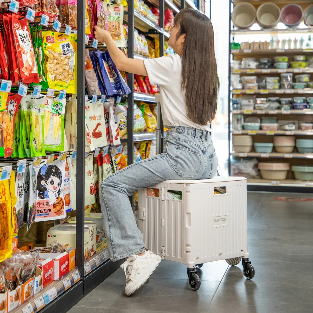 New design 65L ladder wheel universal wheel plastic folding box trolley shopping cart foldable supermarket trolley