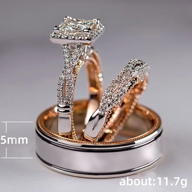 Luxury 3pcs Couple Jewelry Set Rose Gold Plated Diamond Twist Engagement Ring Square Zircon Wedding Ring Durable Steel Men Women