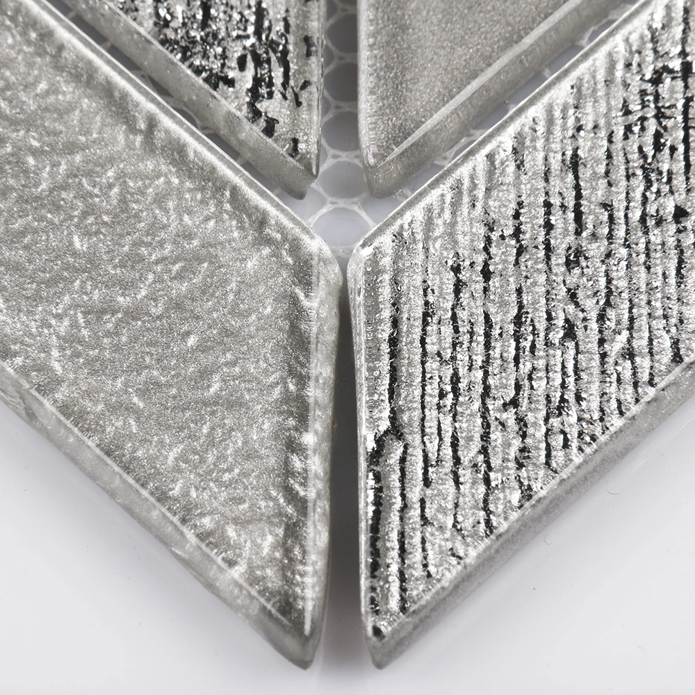 Luxury style waterjet chevron fishbone shape silver glass mosaic tiles