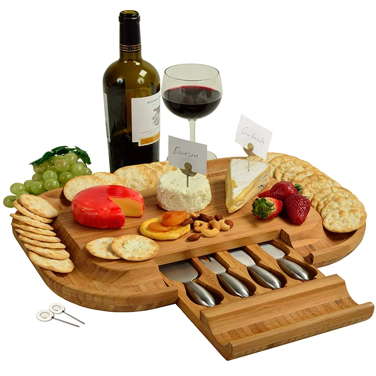 Natural bamboo cheese cutting board and knife set storage organizer drawer Cheese board kitchenware