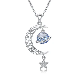 Wholesale 925 sterling silver inlaid blue zircon delicate and lovely half moon planet star tassel shape ladies necklace