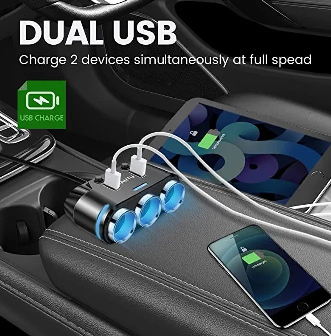 Cigarette Lighter Adapter 3 Socket Cigarette Lighter Splitter with LED Voltage Display Dual USB Car Charger Switches 12V