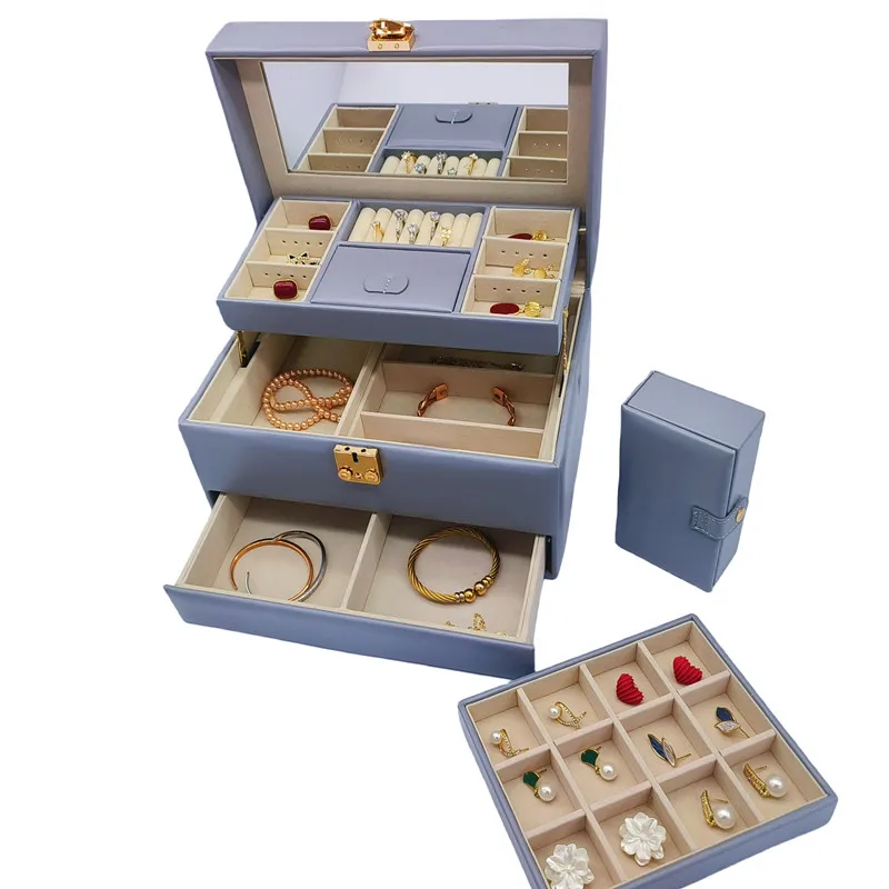 Wholesale High Quality Durable Travel Coded Lock PU Jewelry Carrying Case Large Jewelry Storage Case Jewelry Suitcase With Tray