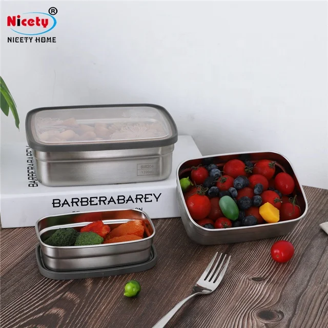 Rectangle 3 in 1 stainless steel 304 storage box plastic lid leak proof lunch box refrigerator food containers for kitchen