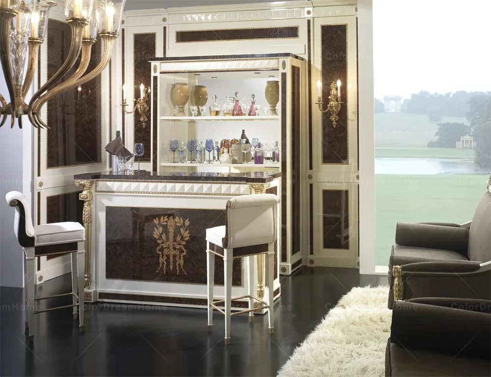 antique luxury baroque mini home bar table counter set wine cabinet bar chair set