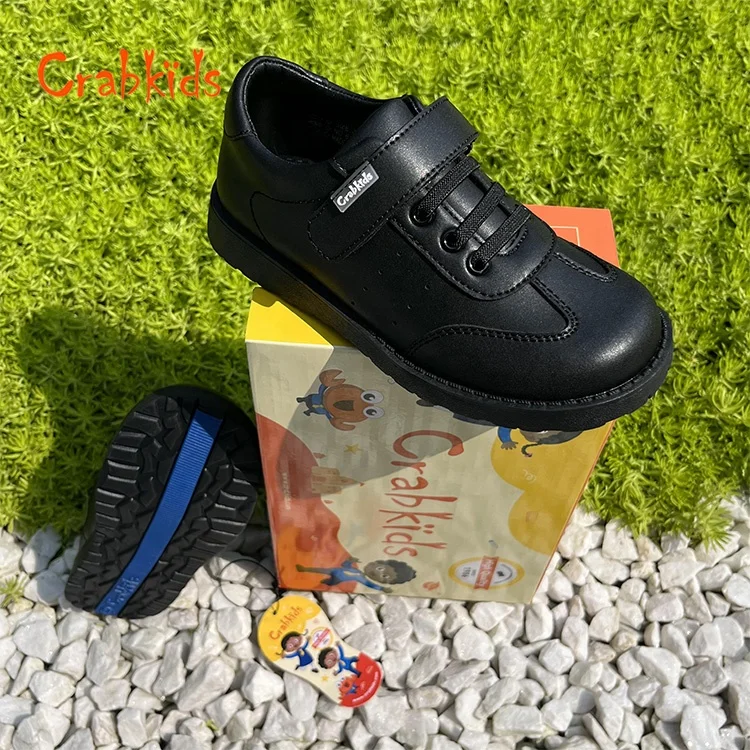 Crabkids Factory Manufacturer Water Proof Black Leather Dress Shoes School Shoes for Children
