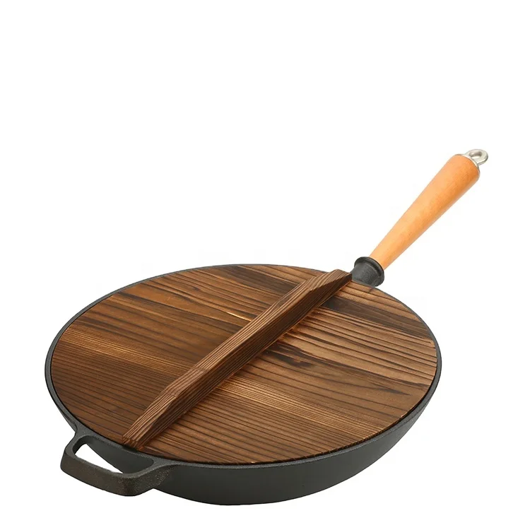 Hot Selling Preseasoned Wok Nonstick 31CM Cast Iron Chinese Wok Pan with Wooden Handle