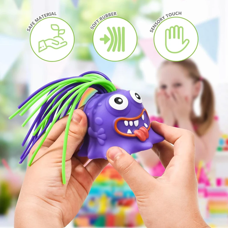 2024 New Decompression Toys Kids Party Gift Monster Shape Squeeze Scream Christmas Toys With Pulling Hair Monster With Candy