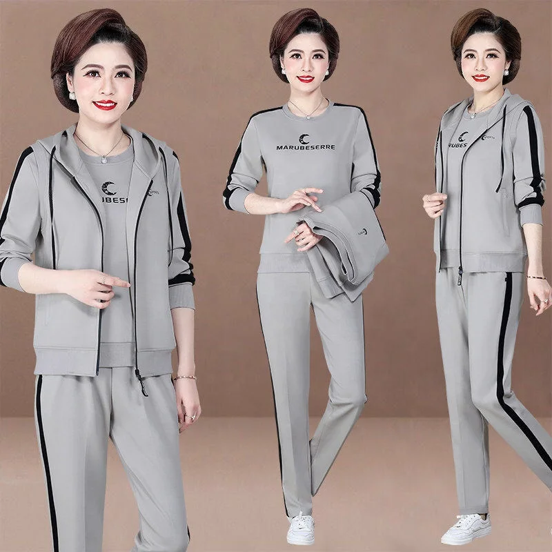 Spring and autumn middle-aged and elderly fashion hooded loose ladies sports vest	 3 piece suit women