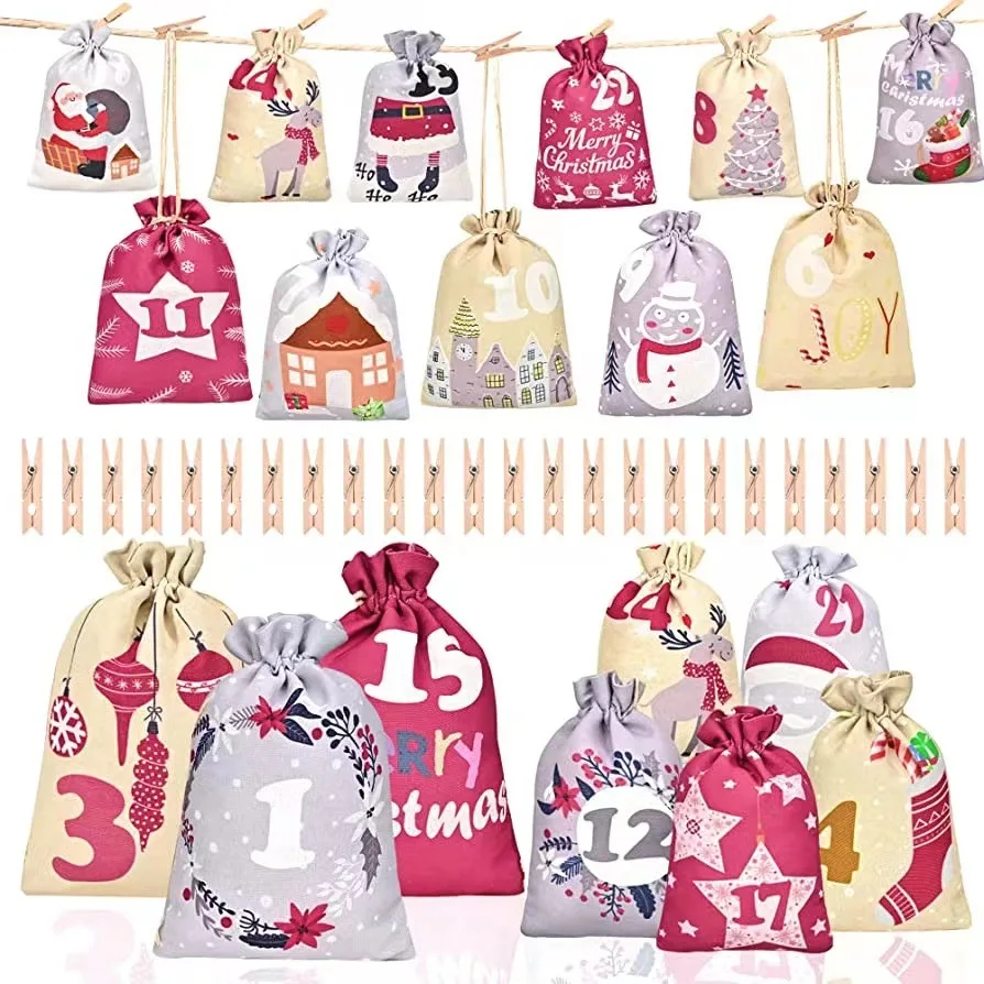 Custom Christmas Gift Bag Set New Design Drawstring Pocket Countdown Advent Calendar Candy Hanging Bag Christmas Decorations