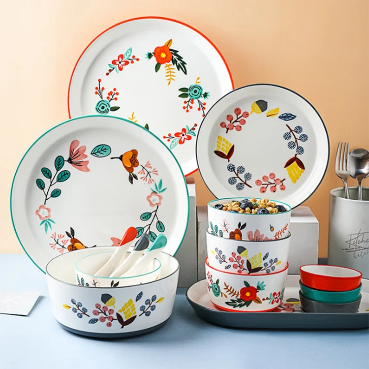 
 Изготовленный на заказ яркий цветочный дизайн сильный Фарфор керамический японский обеденный набор  