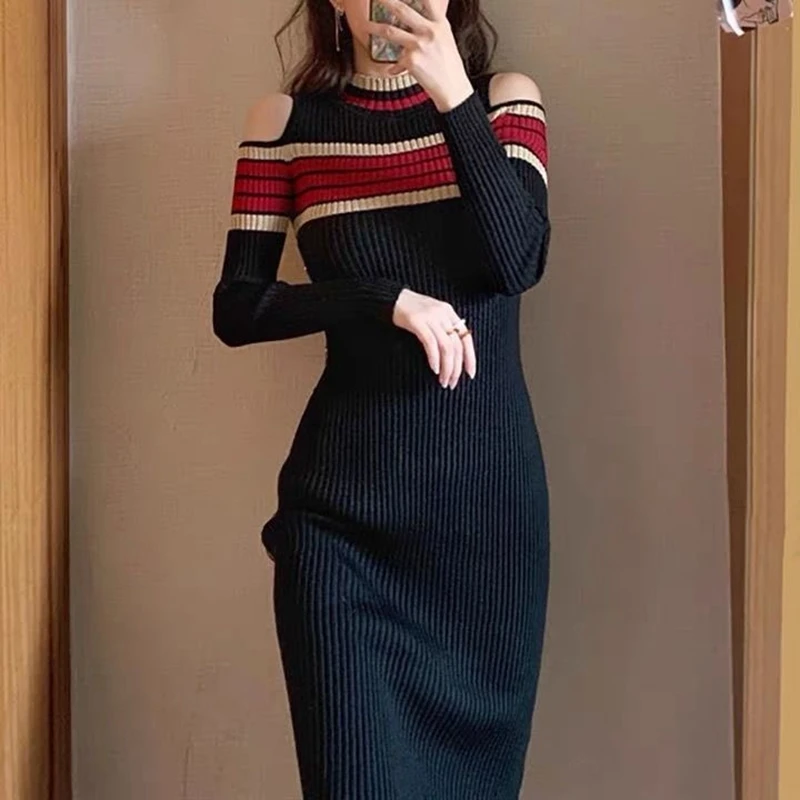 Striped Slim Slit Trendy New Knit Midi Dresses Long Sleeve Women Elegant Sexy Dress