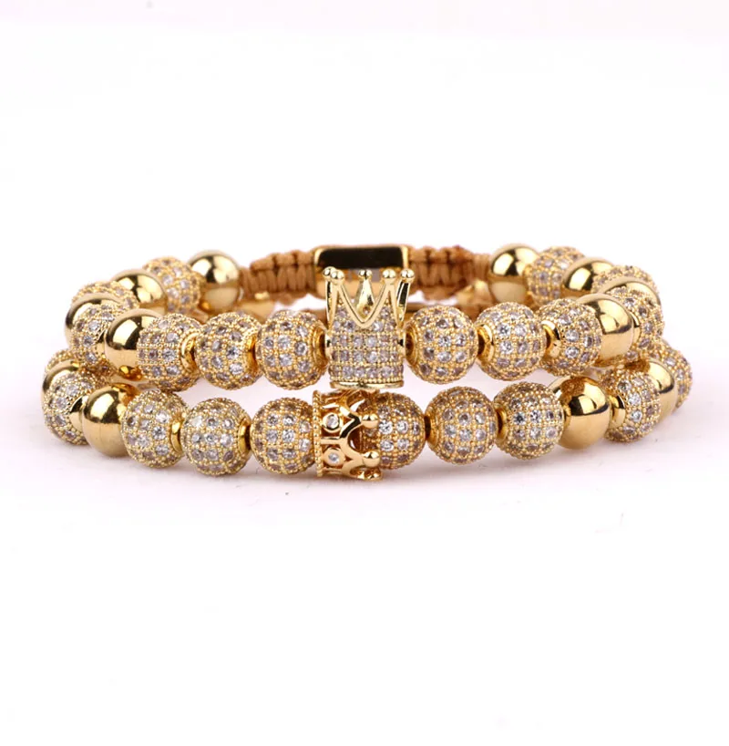 High Quality Luxury CZ Pave Crown Real Gold Plated Queen&King Crown Charm Bead Macrame Couple Bracelet For Women Men