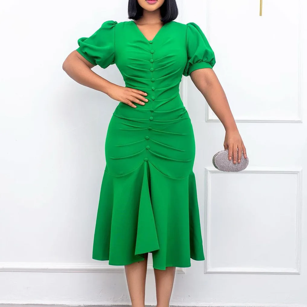 Customized New Design Women Wear Plain Color Ruffled Working Dress Green Beautiful Elegant Office Lady Pencil Career Dresses