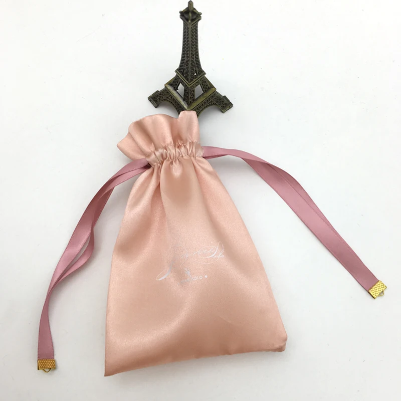 Custom Printed Logo Pink Gifts Satin Pouch Bag With String