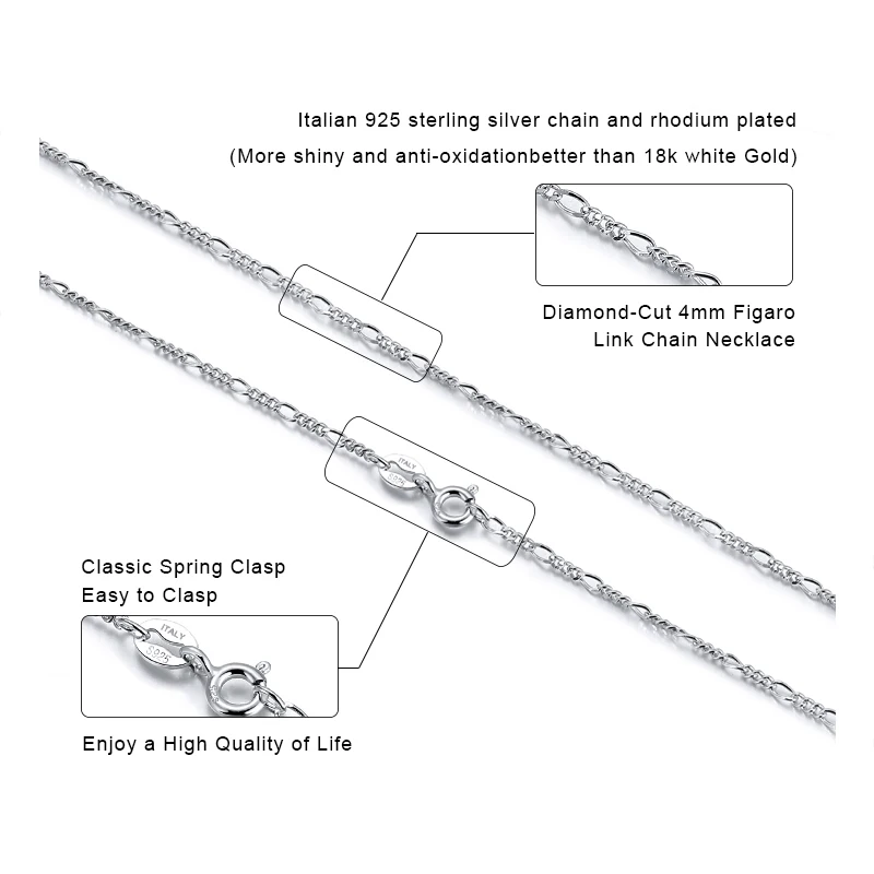 RINNTIN SC27 Sterling Silver 925 Diamond-Cut 1.7mm Figaro Link Chain Necklace for Women
