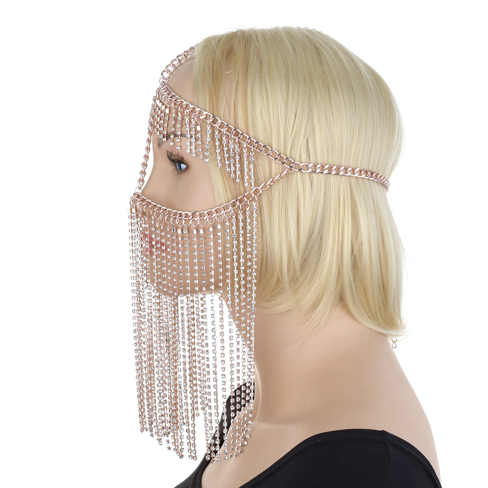 2022 Fashion New Rhinestone Full Face Mask Belly Dance Diamond Tassel Mask Face Jewelry