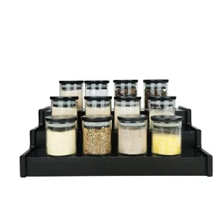 New  Kitchen tool set glass spice jar 12 pack 3.3oz  glass spice jar with black bamboo lid and 3-Tier bamboo rack