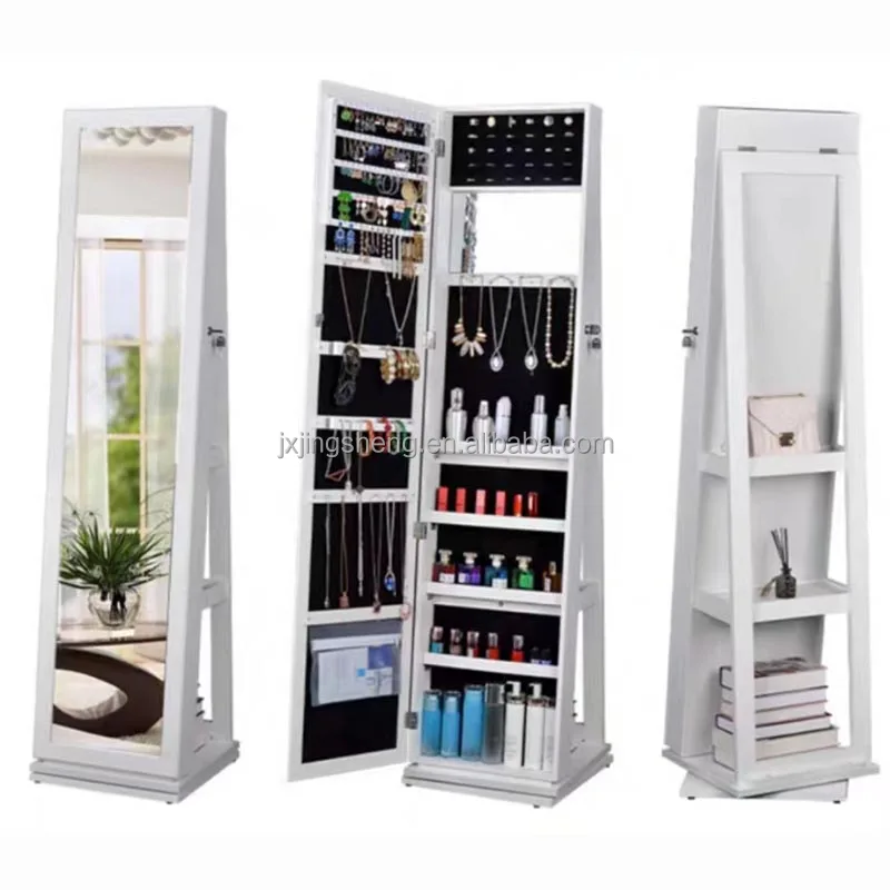 360 Degree Rotating Mirror Glass Lockable Full-Length Mirrored Floor Standing Jewelry Display Cabinet For Living Room