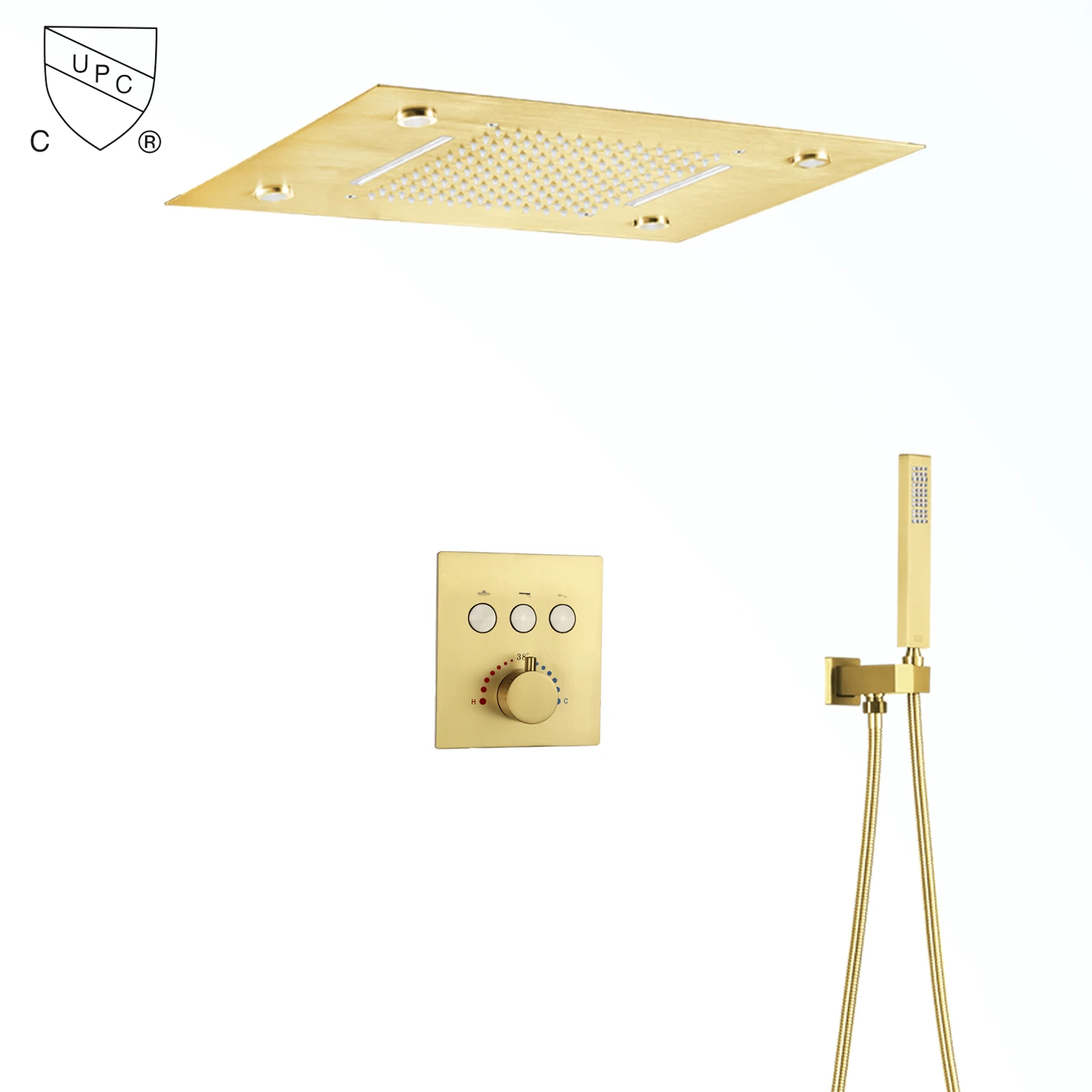 Ceiling Shower System 20x14 Inch Large LED Shower Head Rain Waterfall Bath Gold Faucets Set With Thermostatic Mixer Valve