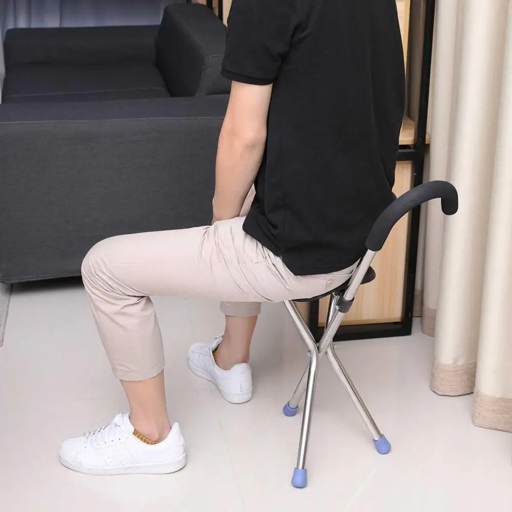 Portable 2 In 1 Stainless Lightweight Folding Walking Stick With Seat Tripod Stool Portable Walking Cane Chair For Old People