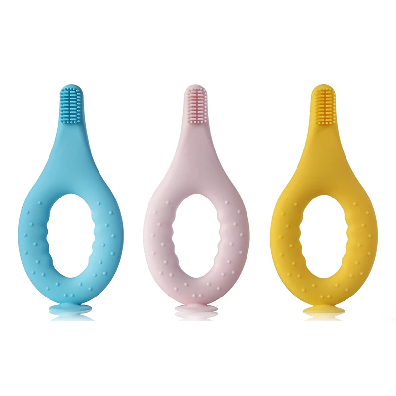 BPA Free LFGB Food Grade Safe Silicone Baby Toothbrush Suction Cup Design Anti-choking Baby Silicone Teething Stick