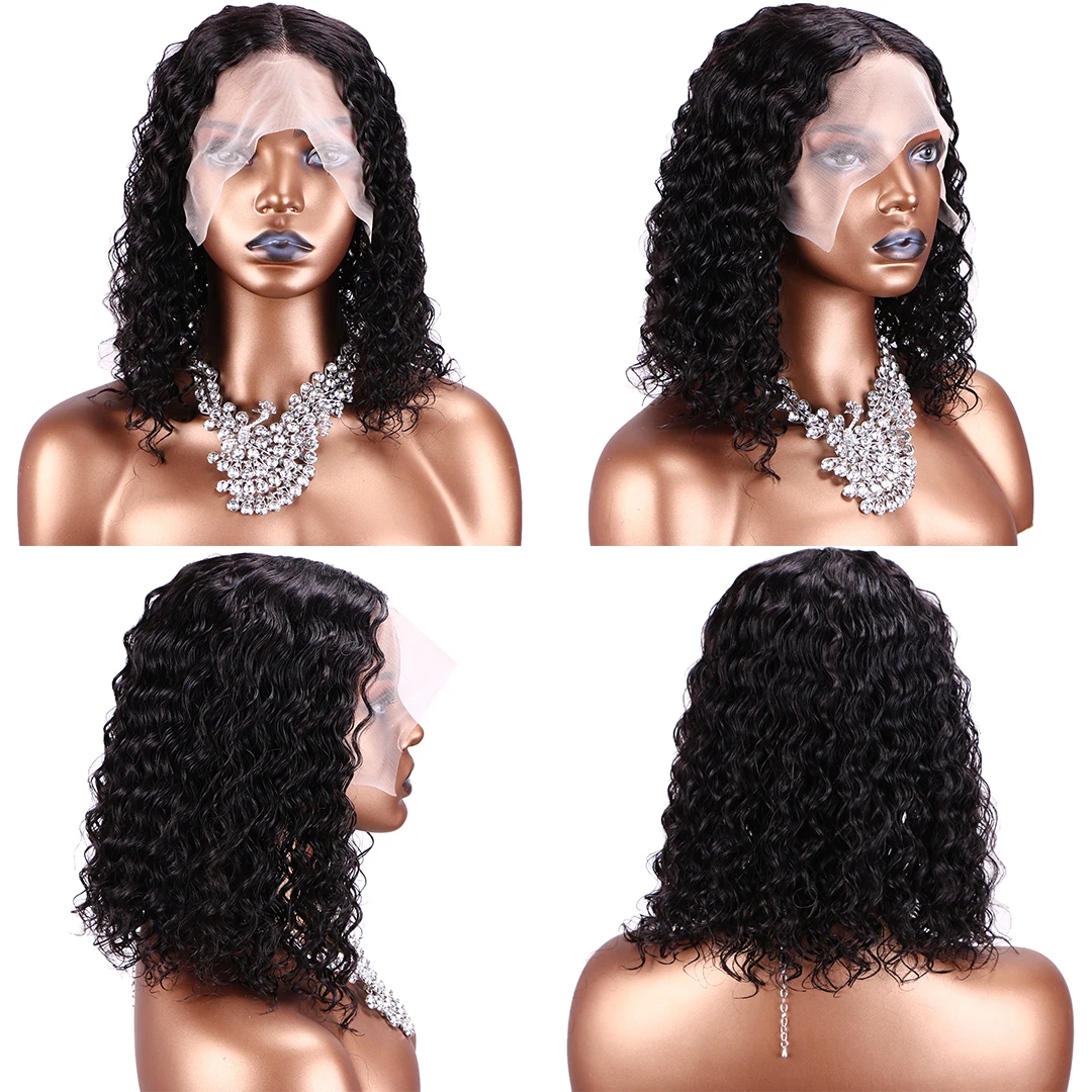 middle line human hair wig Indian natural lace frontal wig kinky curly bob 16inch length simple human hair wig