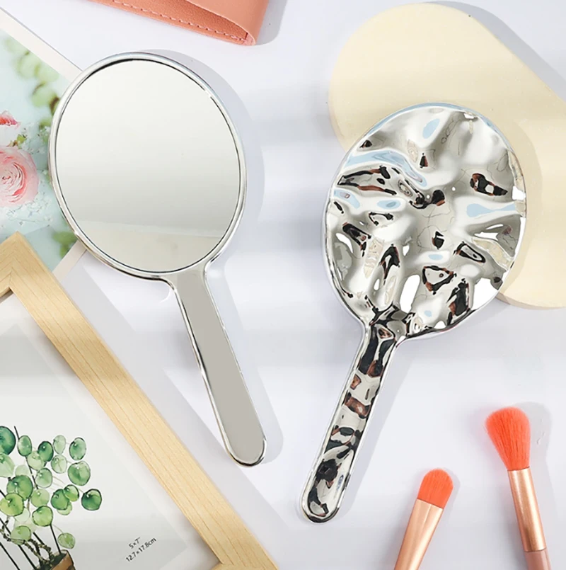 Electroplated Handle Makeup Mirrors Beauty Portable Custom Logo Round Hand Water Ripple Small Pocket mirrors