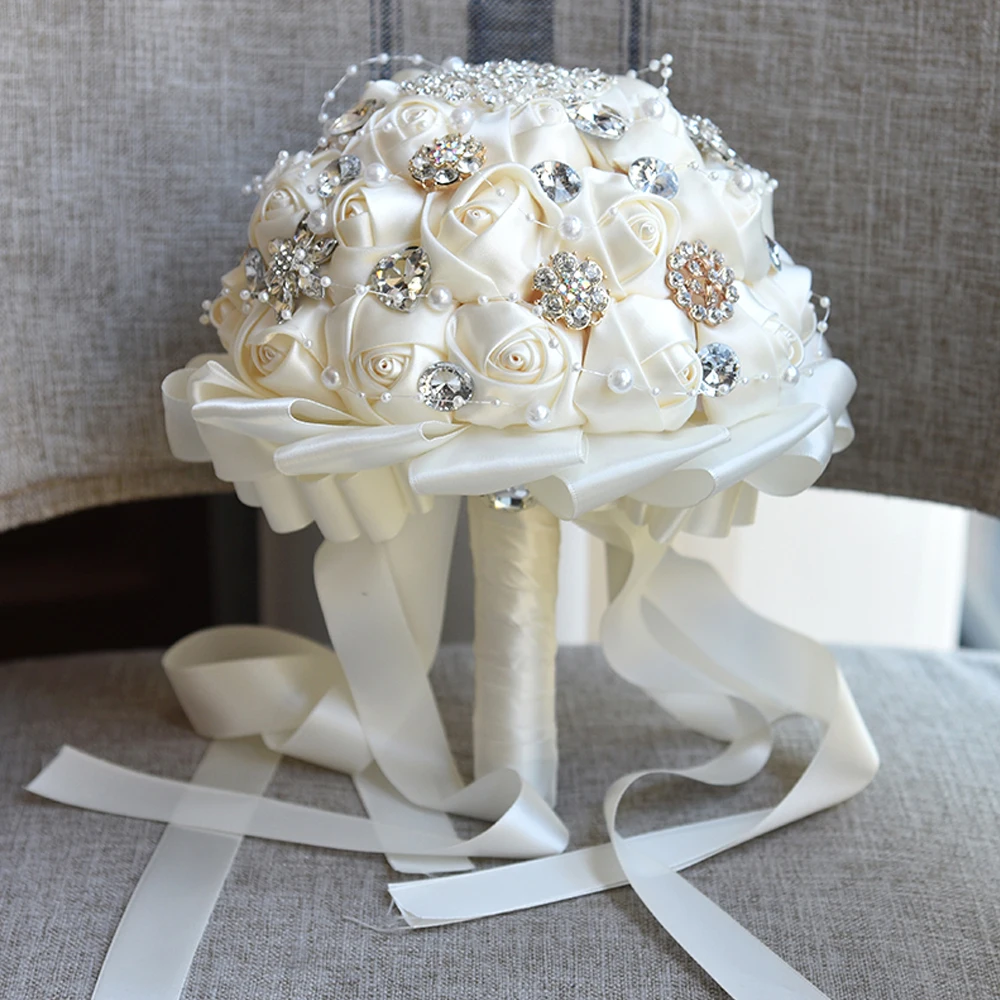 Elegant Satin Roses Ribbon Wedding Artificial Flower Hand Bouquet for Wedding or House Decoration
