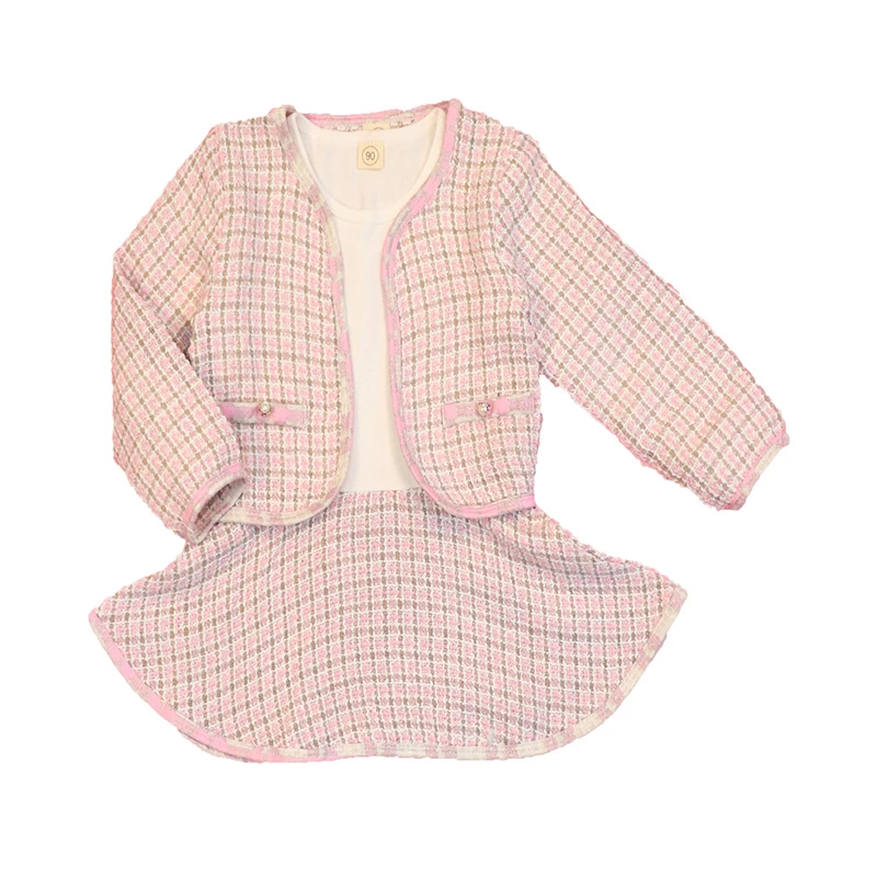 Factory direct Winter Tartan Sweet Style Cotton Pullover Baby Girls Romper Clothes Tweed Coat Skirt Set