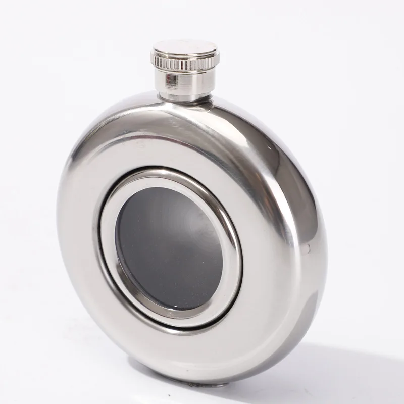 Custom 5oz Stainless Steel Hip Flask Classic Round Wine Whisky Bottle Outdoor Portable Hip Flask With Transparent Glass Window