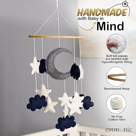 2024 new style.Navy blue clouds and moon star felt nursery mobile for baby crib modern boho baby mobile.