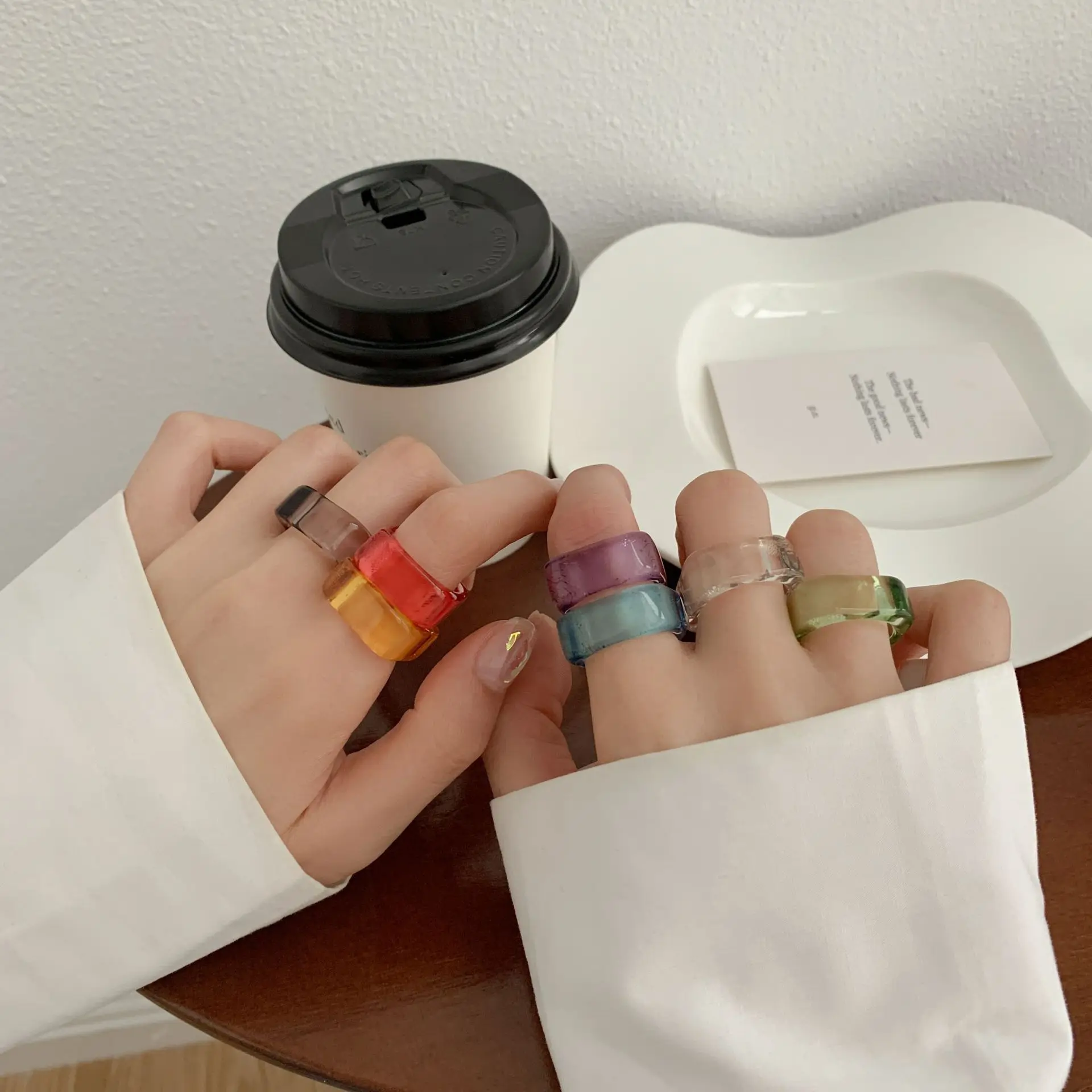 INS Trendy Clean Rainbow Square Acrylic Rings Cellulose Acetate Index Finger Rings