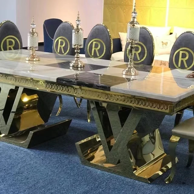 Высококачественный роскошный Повседневный обеденный стол из нержавеющей стали с золотым и латунным покрытием, большой прямоугольный мраморный стол