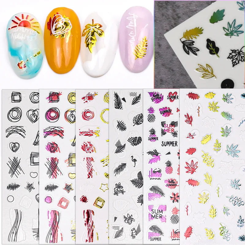 Free sample 3D Nail Art Sticker Color Autumn Leaves Nail Art Sticker Coconut Leaf Pattern Self-Adhesive Holographic Laser