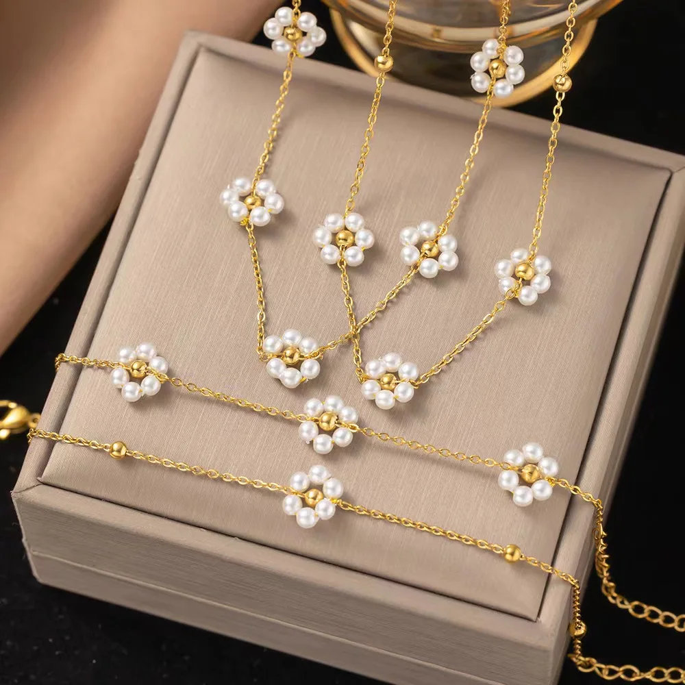 Wholesale Tarnish Free PVD Titanium Steel Daisy Flower Choker Pearl Beaded Necklace Bracelet Set