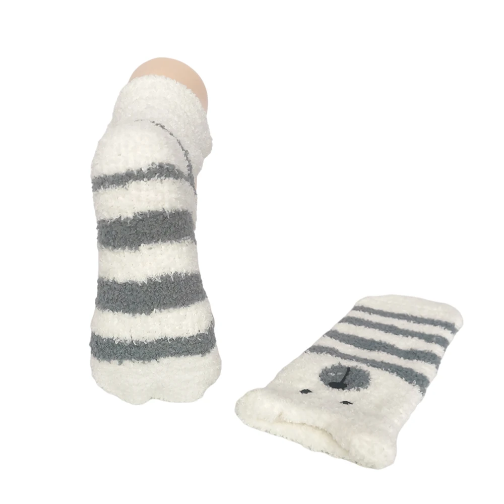 Hot sell cute bear striped coral velvet fluffy fuzzy socks women winter warm animal Indoor Knitted  floor slipper socks