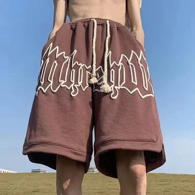 360-480GSM Heavyweight Mens Cotton Shorts Custom Letter 3D Puff Printed Shorts Streetwear Drawstring Cargo Shorts Men