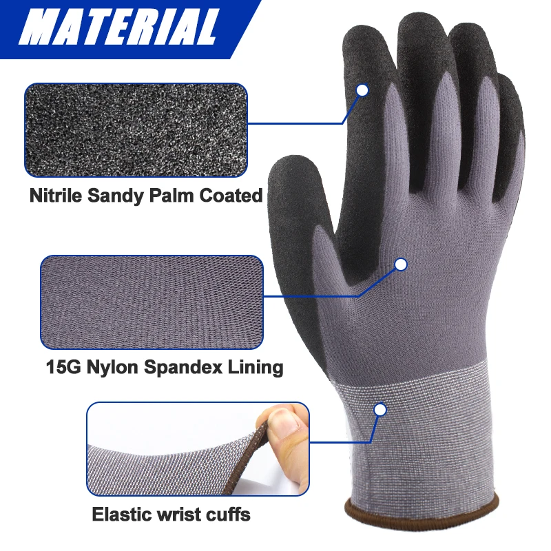 LQS Wholesales Anti Slip Flex 15G Nylon Spandex Gloves Sandy Nitrile Work Safety Gloves for Construction