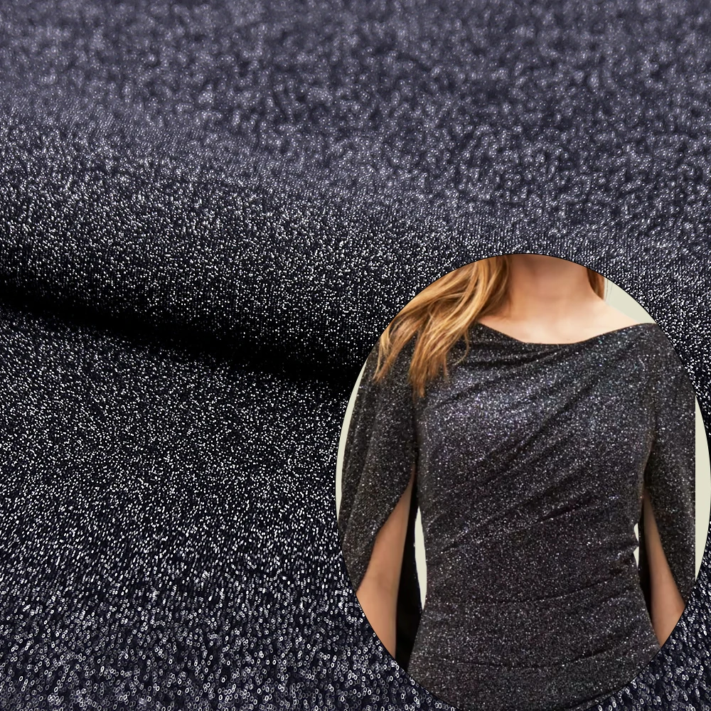 Wholesale 68% nylon 25% spandex 7% silver metallic lurex jersey glitter fabric for dresses performance dance clothes