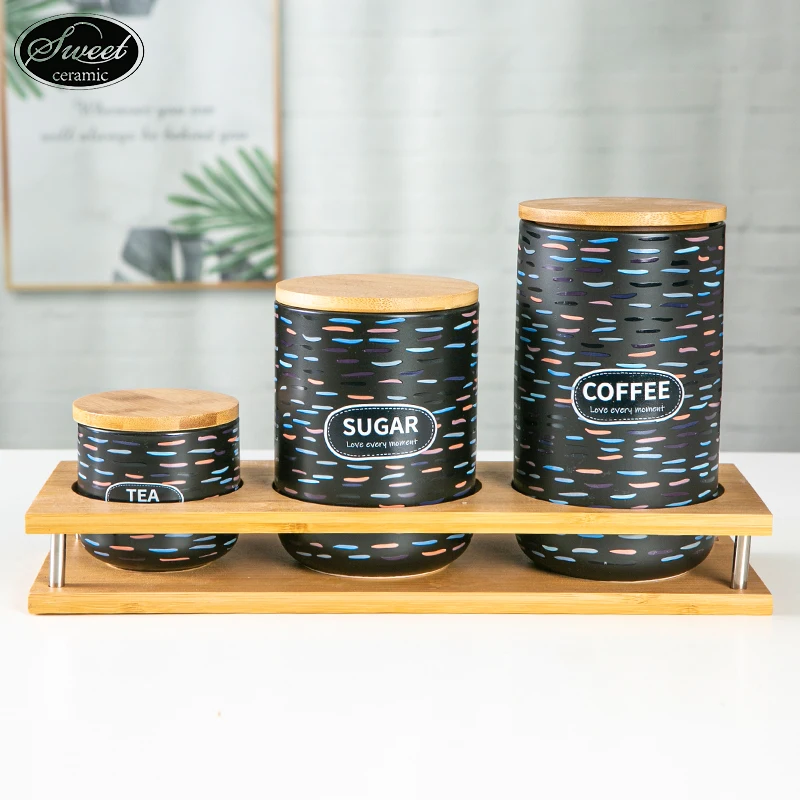 Wholesale  kitchen decorations ar 3pcs set Tea Coffee Sugar Storage Jar Ceramic Coffee Canister With Bamboo Wood Lid gift