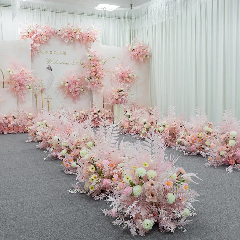 New wedding venue row flower road leads hotel runway flower arrangement outdoor pink wedding scene decoration
