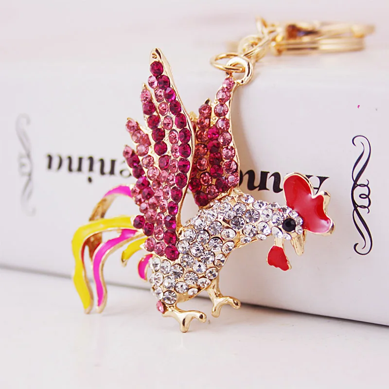 Cock Luxury Rooster Chicken Keychains Crystal Trinket Key ring chains Holder Metal Animal Keyrings