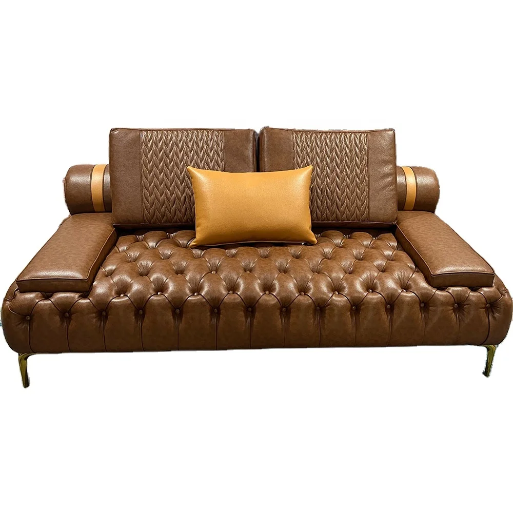 Hotel Lobby Tufted Design Living Room Furniture Buttons Chesterfield 2 Seater Leather Sofa With Golden Metal Legs