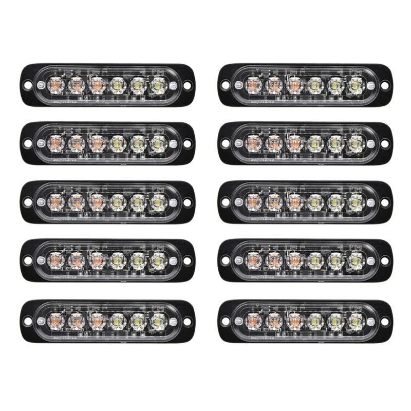 Amber White 6 LED Side Marker Strobe Lights Flash Emergency Warning Hazard Grille Surface Mount Light