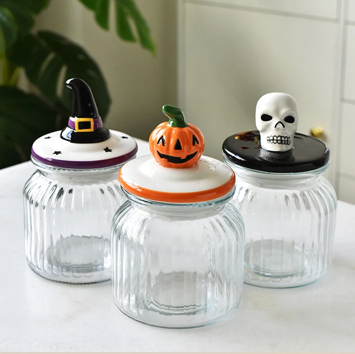 New Glass Nut Sealed Jar Halloween Storage Jar with Seal Lid Pumpkin Ceramic Canister Candy Jar with Lid for Halloween