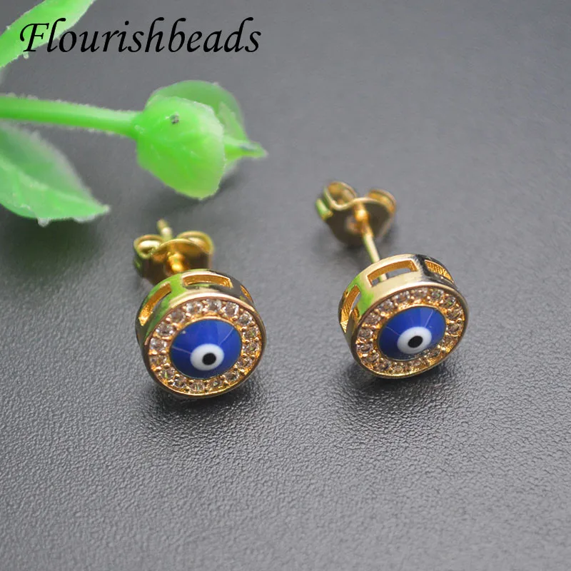 Hot Sale Anti-fading Blue Enamel CZ Paved Round Eyes Shape Stud Earring for Women Men Jewelry Wedding Birthday Party Gifts