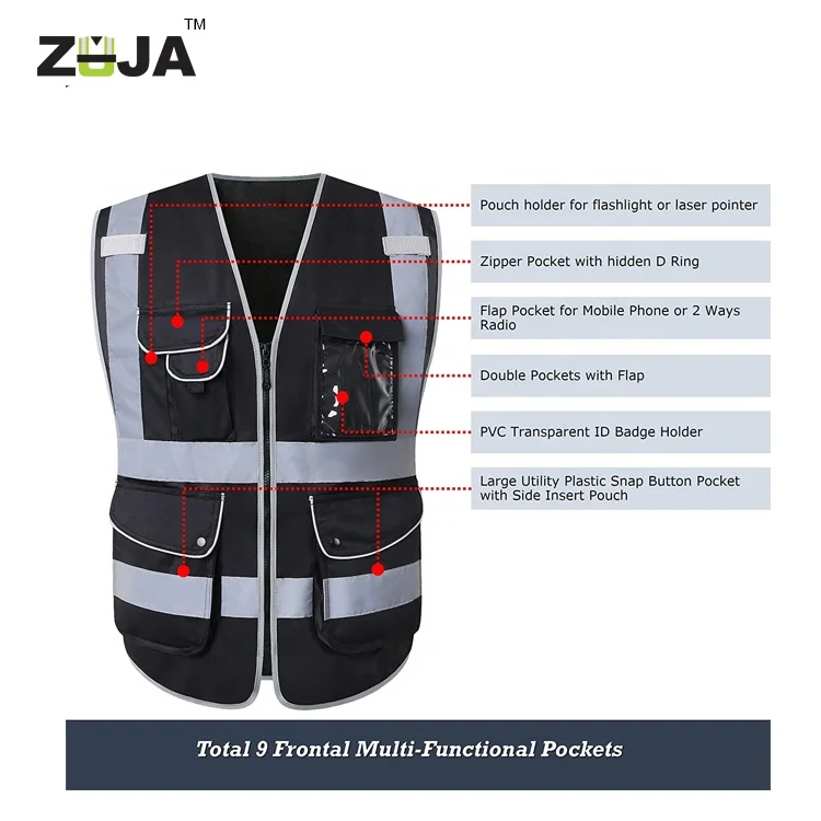 ZUJA Black Reflex Reflector Protection Vest With Pockets