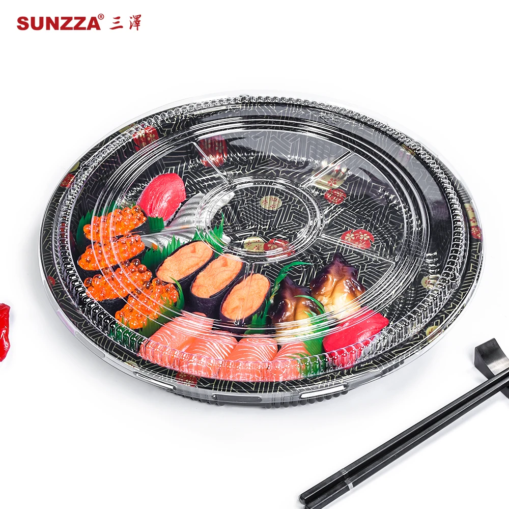 Sunzza free sample huawen 32 cm big round shape size disposable plastic blister pet anti fog lid sushi tray for restaurant